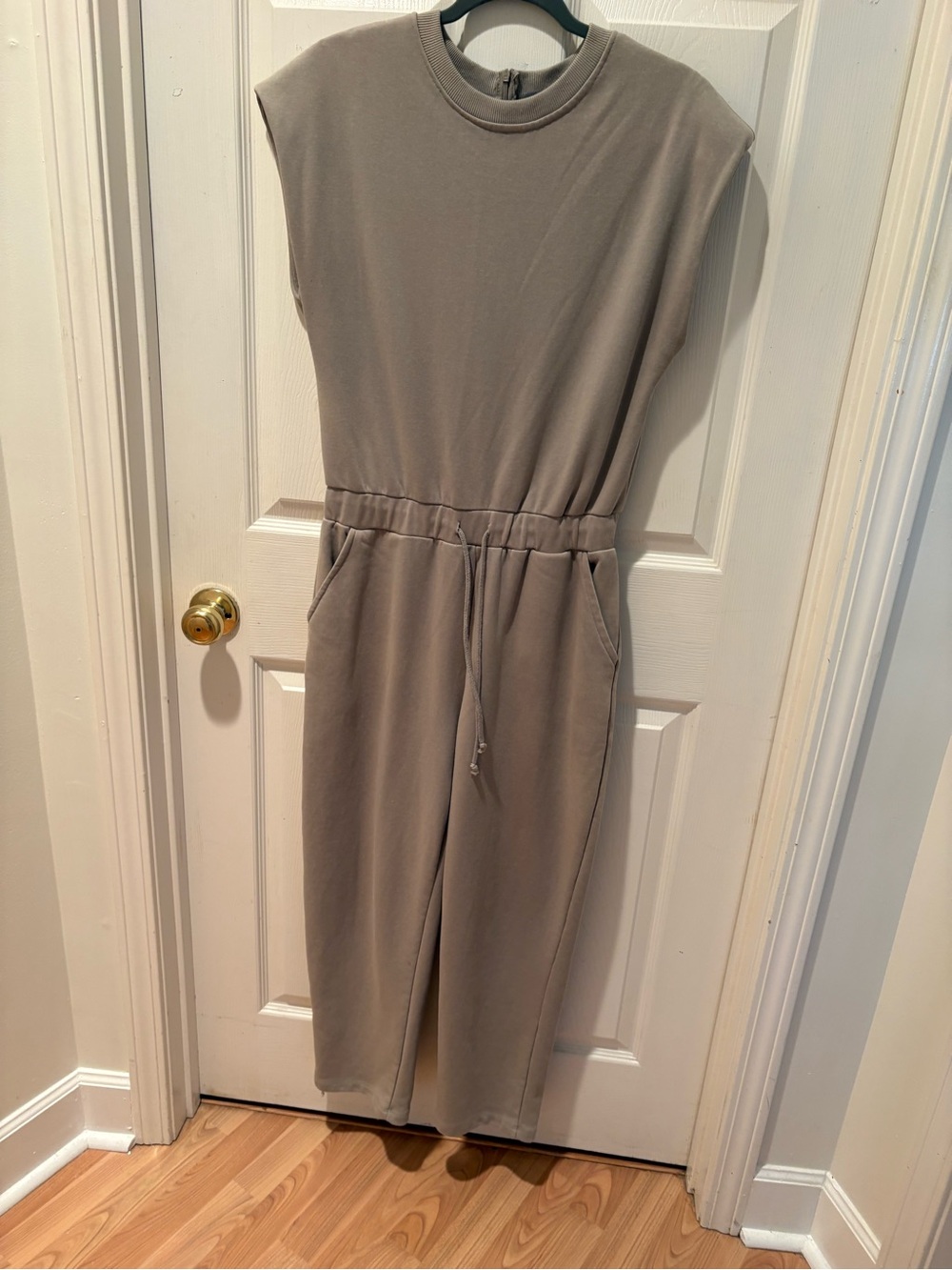 Tart Sleeveless Drawstring Jumpsuit in Taupe Gray